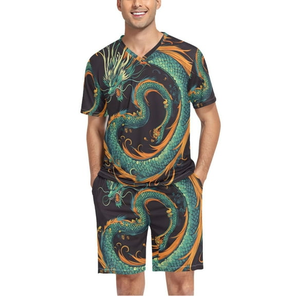 joogoo Men's Pajama Set Boho Dragon V-Neck Pj Shorts Set 2 Piece Loungewear Sleepwear L