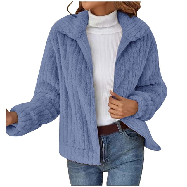 WEIYLL Womens Fleece Jacket Solid Color Warm Plush Zipper Pocket Long Sleeved Lapel Light Blue Going Out Fall Tops Size 3XL