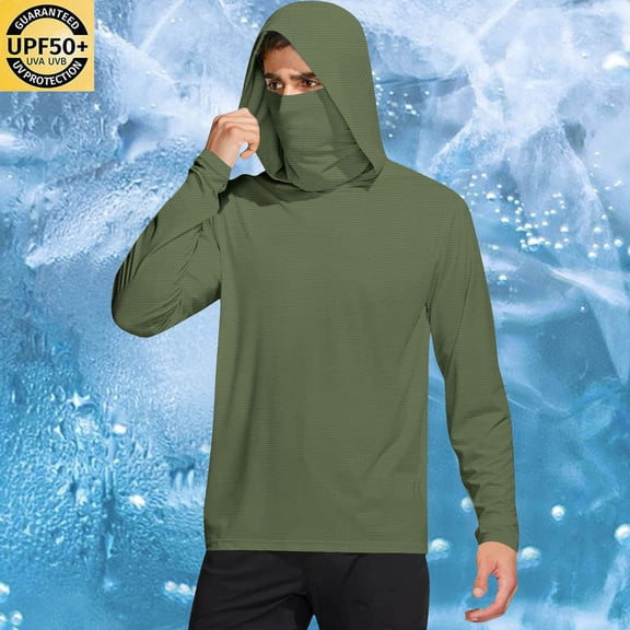 Men's UPF 50 Sun Protection Hoodie with Mask - Breathable Solid Long Sleeve Fishing Shirt