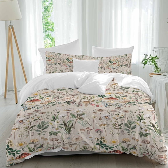 3 Piece Pastoral Botanical Duvet Cover Set Full Size,Microfiber Comforter/Quilt Cover with Corner Ties and 2 Pillowcases,Vintage Mushroom Spring Summer Flowers All Season Bedding with Zipper Closure