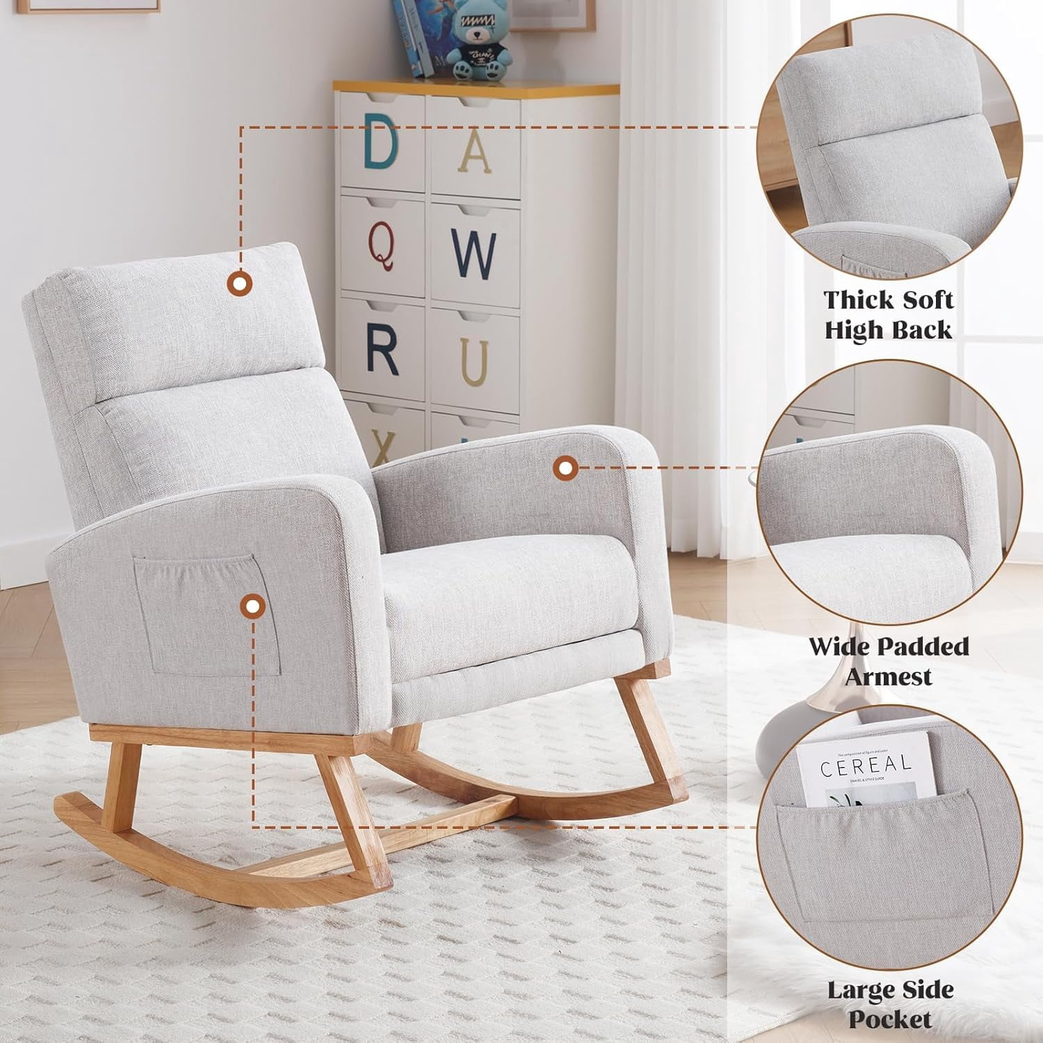 HCHAIRH Rocking Chair  with Foot Rest, Nursing Rocking Chairs for Mom Breastfeeding, Rocker Glider Chair with High Backrest for Living Room, Bedroom, Light Grey