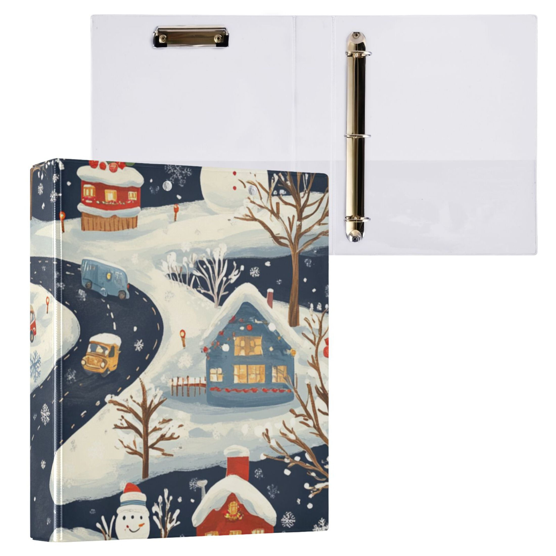 Houses Snowman Cars 3 Ring Binders 1.5 inch Hardcover File Folders with Interior Pockets A4 Size Organizer for School Office Hospital