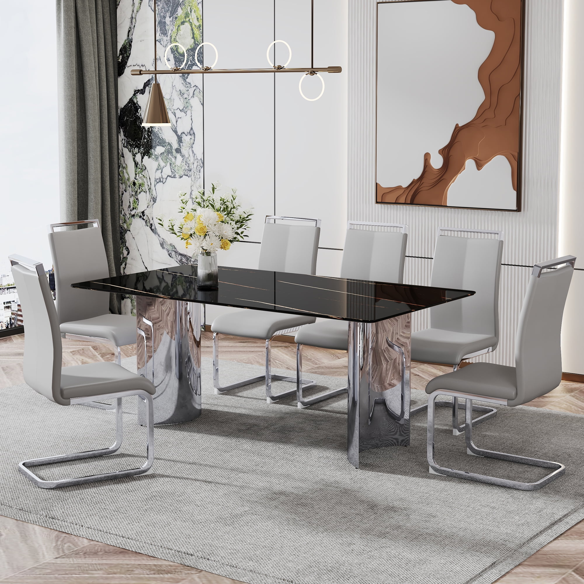 TesNus 71" Modern Marble Dining Table, Black Faux Marble Rectangle Table with Chrome Plated Metal Legs for Dining Room and Kitchen
