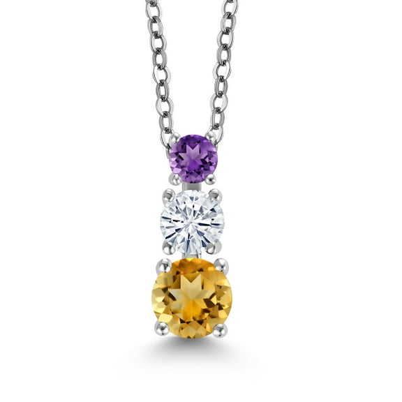 Gem Stone King Yellow Citrine White Moissanite Purple Amethyst 3 Stone Pendant Necklace for Women (1.06 cttw, Gemstone Birthstone, Round 5MM, 4MM and 3MM, with 18 inch Chain)