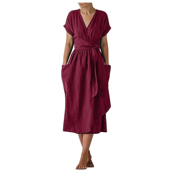 Women's V Neck Cotton Linen Wrap Midi Dress Short Sleeve Casual Solid Color High Waisted Dresses with Pockets