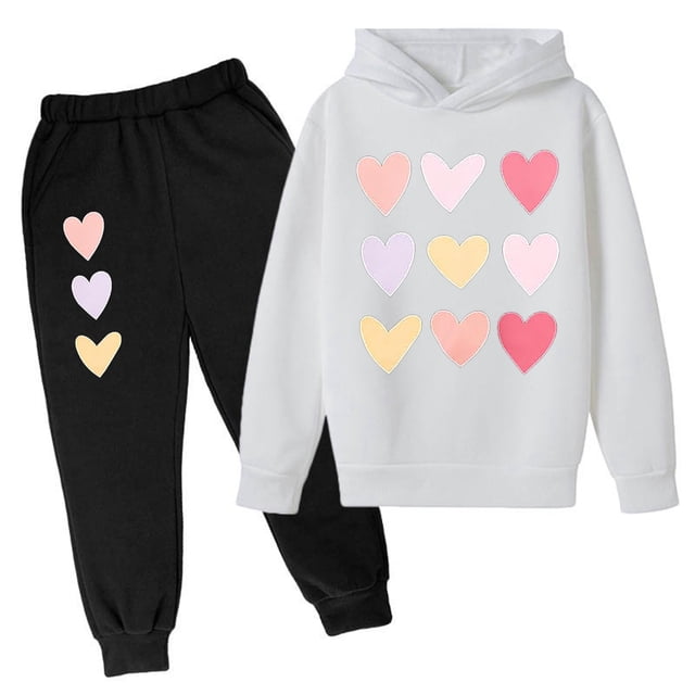 TSADFHJI Tenues d'Automne Filles Robe d'Été 5T Saint-Valentin Ensemble à Capuche Imprimé en Forme de Cœur 3-4 Ans Blanc