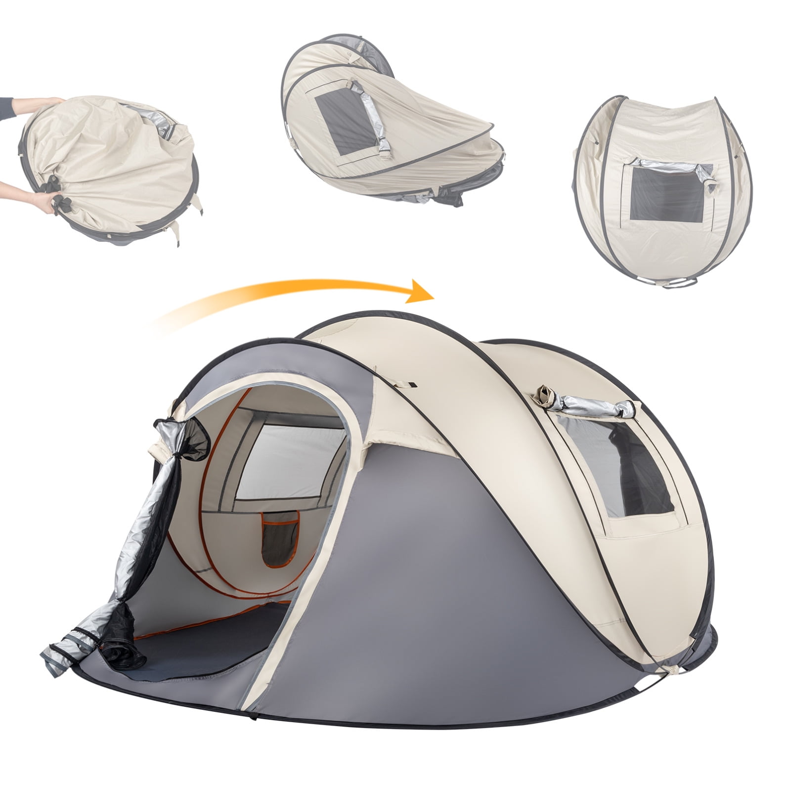 Instant Pop Up Tent, Camping Tent for 3-4 Person, Lightweight Automatic Quick Easy Setup Tent with 2 Windows for Camping,Outdoor, Hiking, Beach, Khaki