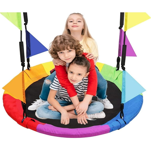 LANGXUN 40 Inch Rainbow Saucer Tree Swing for Kids and Adults, with Carabiners and Flags, 700 lb Weight Capacity, Steel Frame, Waterproof, Outdoor Swing Sets for Backyard