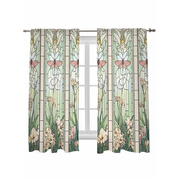 Butterfly Flowers Curtains 72 Inch Length,Sheer Curtains for Bedroom Living Room Window Vintage Stained Glass Green Spring Rod Pocket Voile Drapes Kitchen Curtains Small Half Window 52"x72" 2 Panels