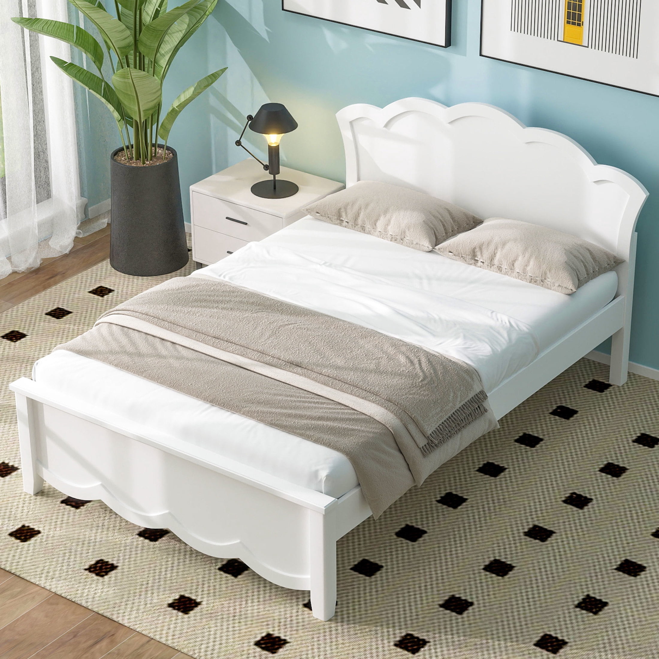 Noble House Caldon Twin Size Platform Bed with Contoured Headboard and Footboard, Pine Wood Frame, White