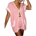 thumbnail image 2 of Womens 2 Piece Set Fringed Trim Short Sleeve Vneck Button Up Top Shorts Lounge Set with Pockets Root Color S, 2 of 9