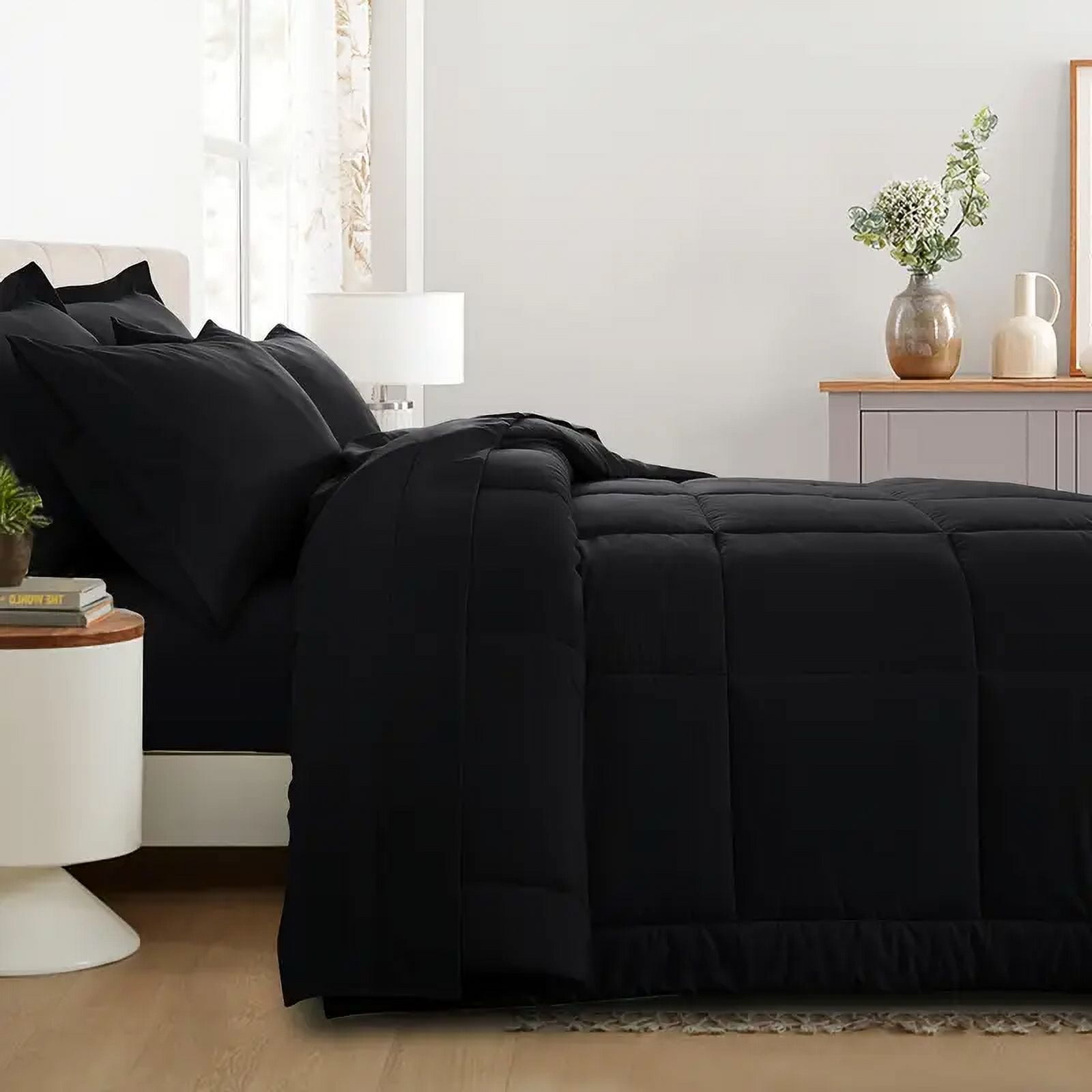 RUIKASI 7 Pieces Black Queen Bed Comforter Set with Sheets - Bed in a Bag with Comforter and All Season Sheets, Pillowcases