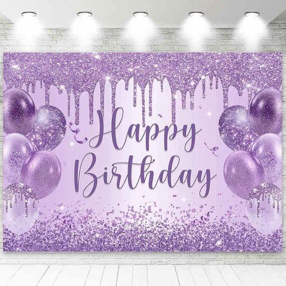Purple Happy Birthday Backdrop Banner Shiny Glitter Balloon Photography Background for Women Girls Sweet 16 18th 21st 30th Birthday Party Decorations Banner Photo Booth Props 6x4ft