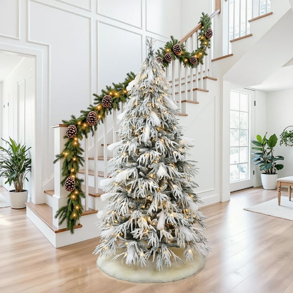 6.5Ft Pre-Lit Flocked Sweeping Branches Artificial Christmas Tree with Stand