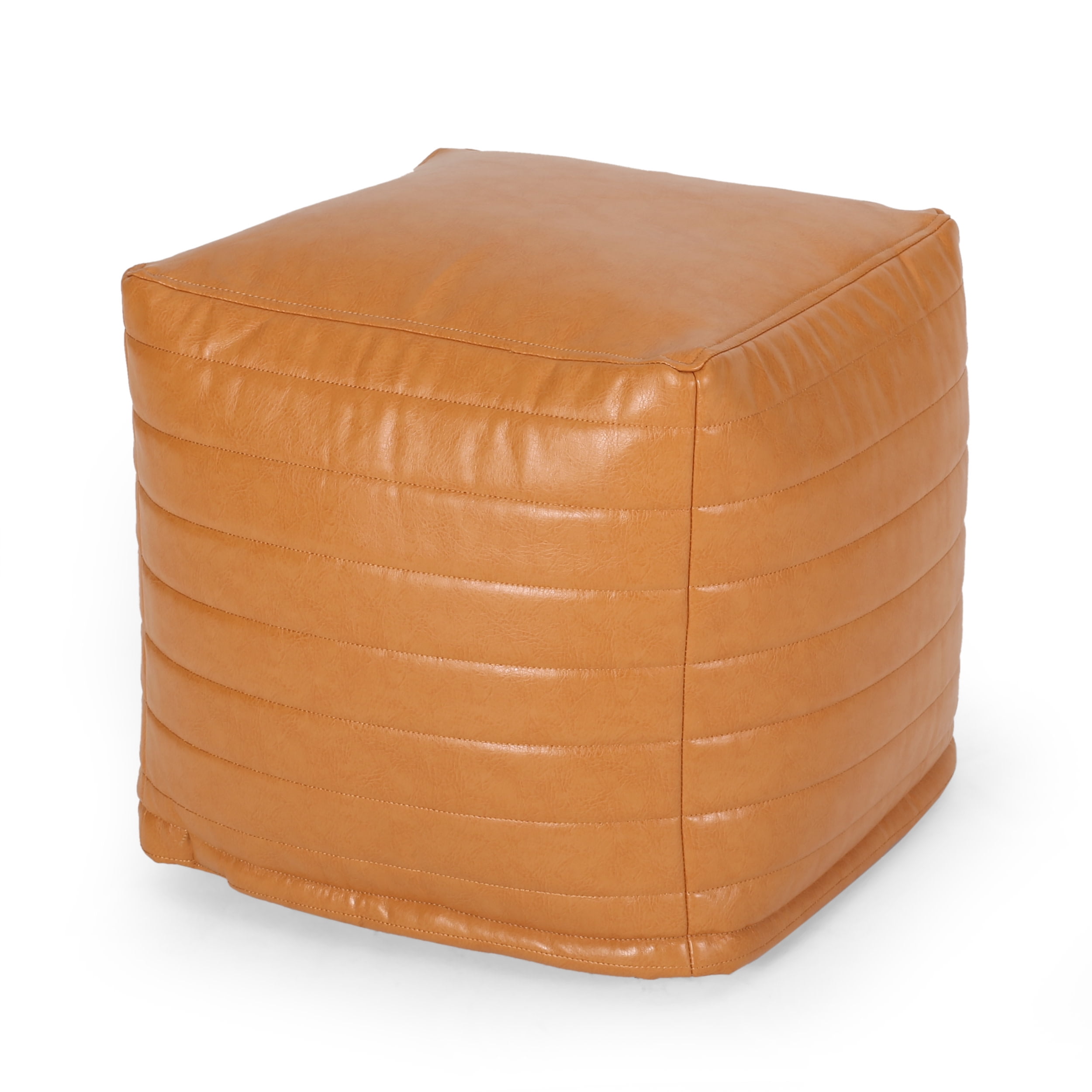 GDF Studio Conrail Contemporary Faux Leather Channel Stitch Pouf, Caramel Cube
