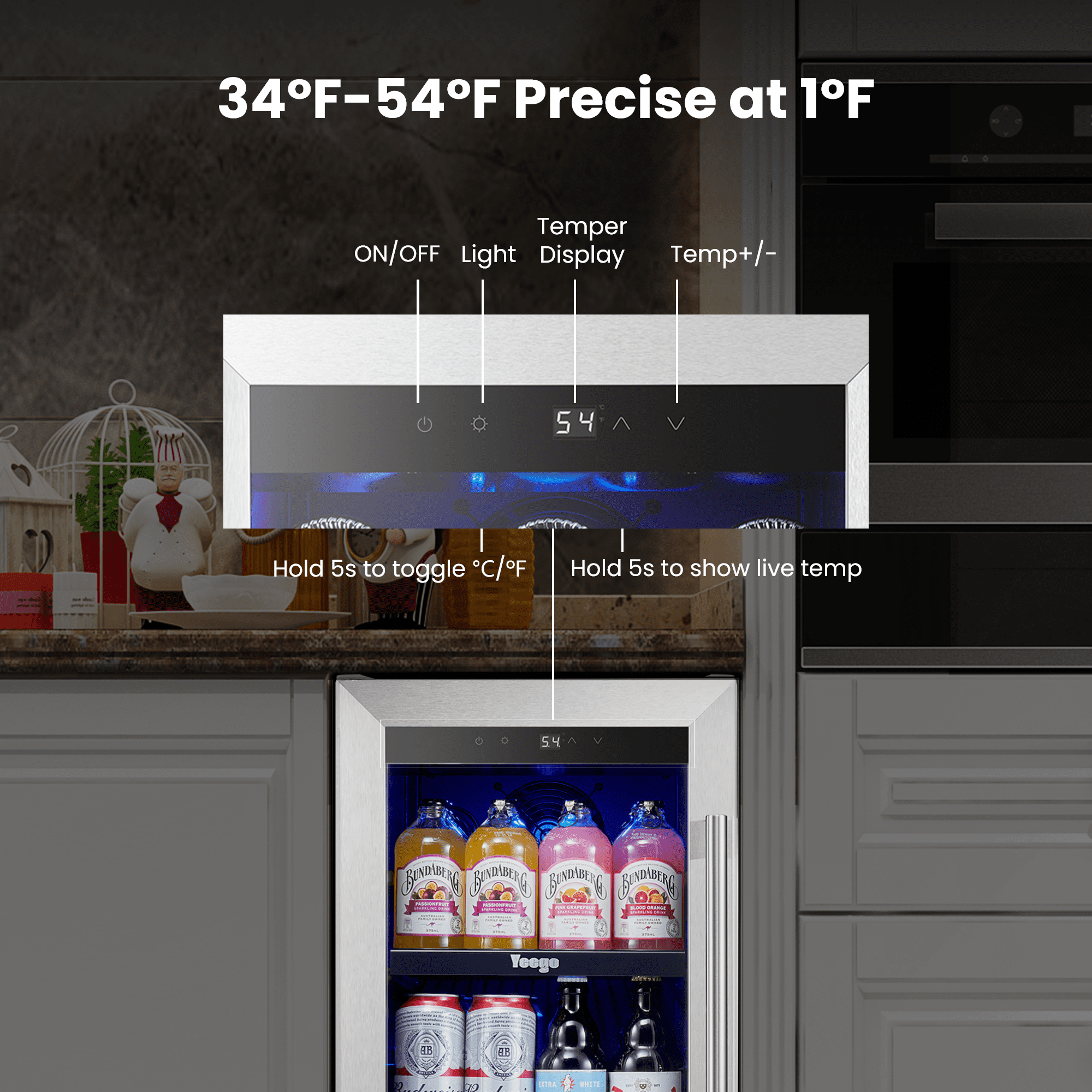 Yeego 15 inch Beverage Refrigerator,  Built-in or Freestanding, 100 Cans Cooler with Glass Door