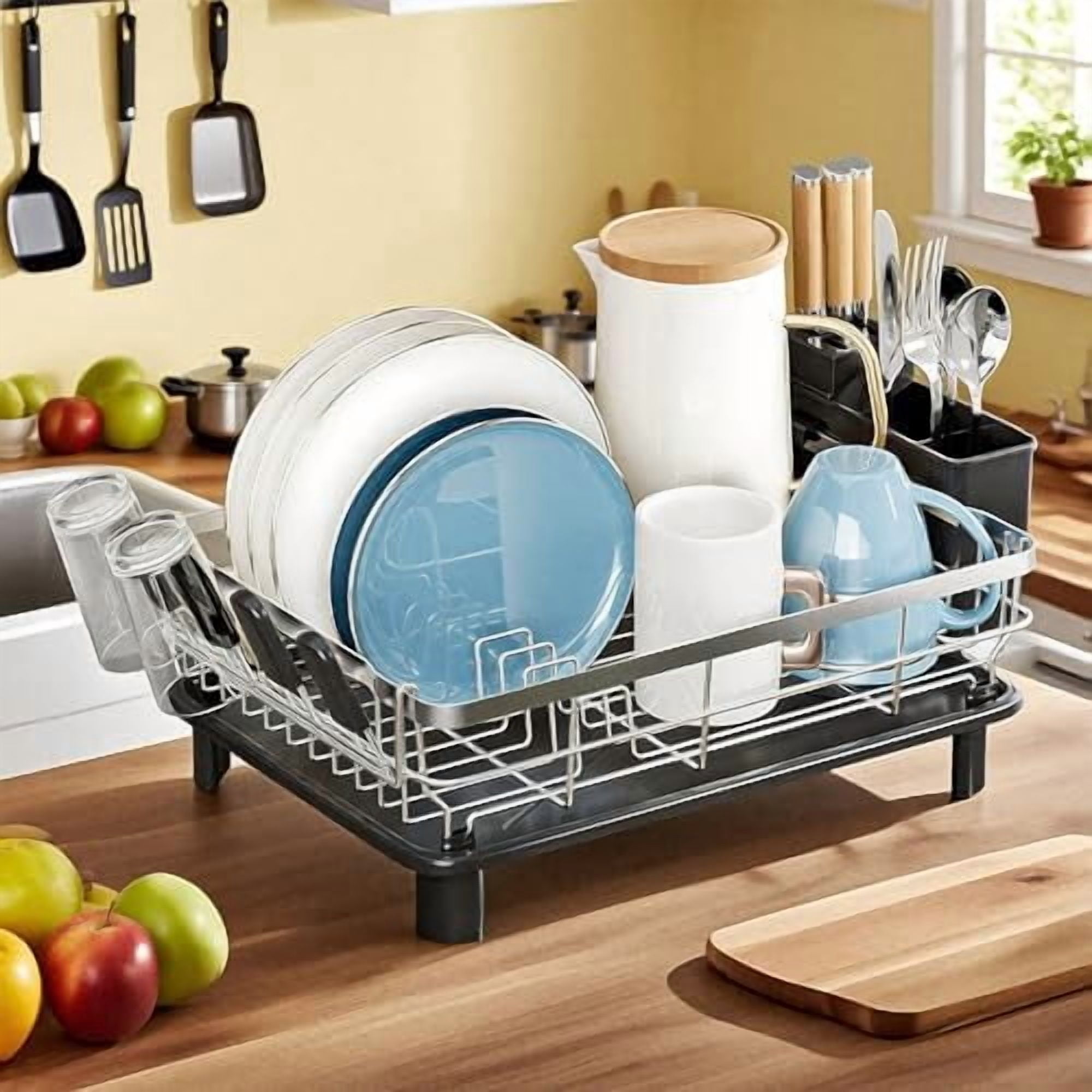 Dish Drying Rack, Dish Rack, Stainless Steel Dish Racks for Kitchen Counter, Dish Drainer with Removable Utensil Holder, Drainboard (Black,Stainless Steel,13''W x 17''L)