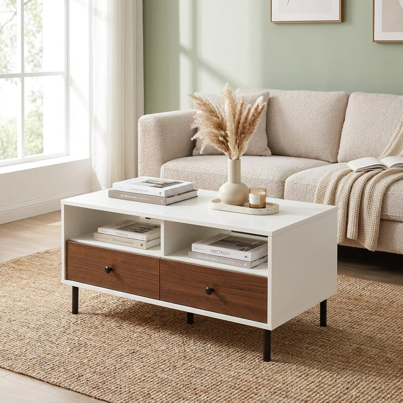 Furnibear 2 Tier 40 Inch Modern Rectangle Coffee Table with Storage Shelf and Two Drawers for Living Room Bedroom and Study, White