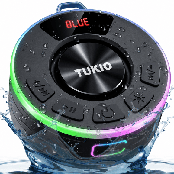 Tukio Bluetooth Speaker, IPX7 Waterproof Shower Speaker with Suction Cup, Mini Portable Speaker, 12H Playtime, Bluetooth 5.4, 360° Sound, RGB LED, Hands-Free Calls, Outdoor Pool Beach Gifts, Black