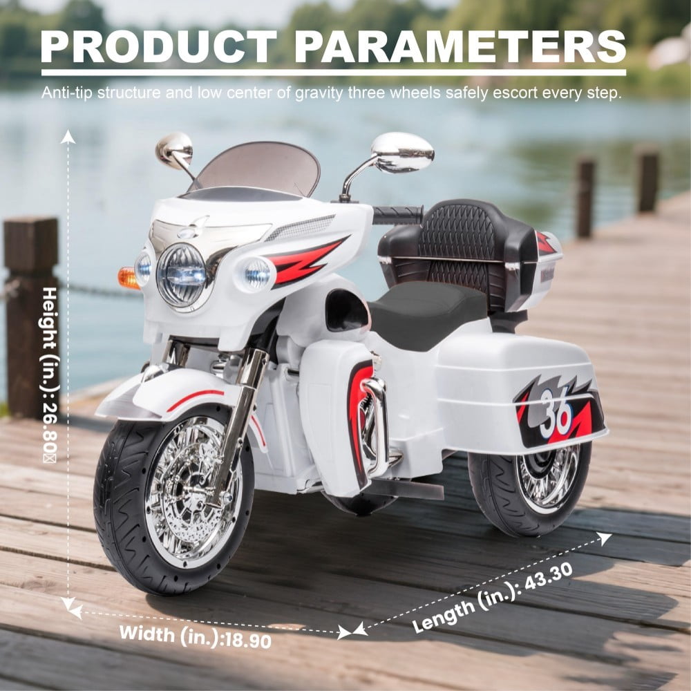 DNWRZCJXY 12V Kids Electric Motorcycle for Ages 3-8 | ASTM/CPC Certified 3-Wheel Ride-On Toy with 1-Hour Battery & Bluetooth|Max 100lbs|White