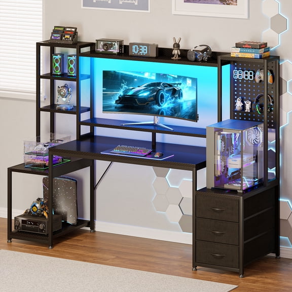 Casacomoda Gaming Desk with Shelves & Pegboard, Computer Desk with Drawers, 67 Inch Black Desk with LED Lights & Monitor Stand, Gaming Table, Carbon Fiber Black