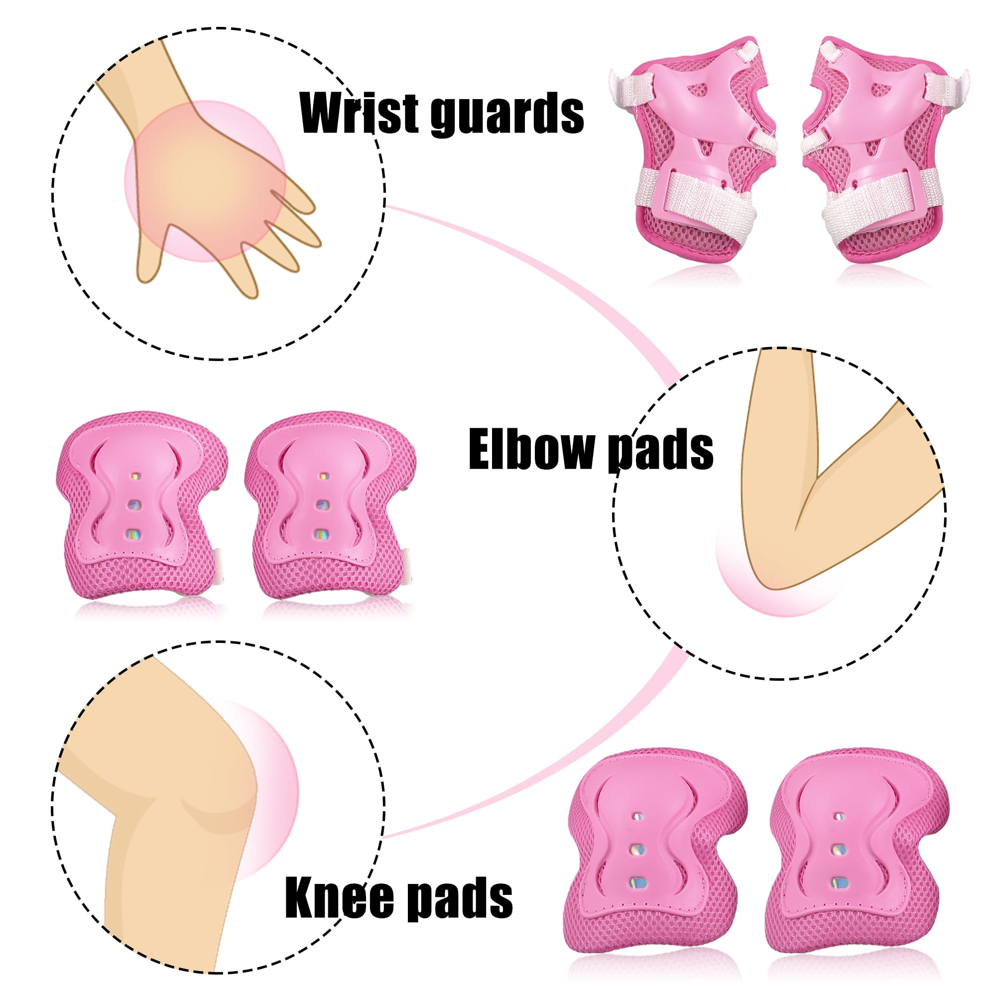 6-Pack Kids Cycling Roller Skating Plastic Wrist Elbow Knee Protector Pads Pink