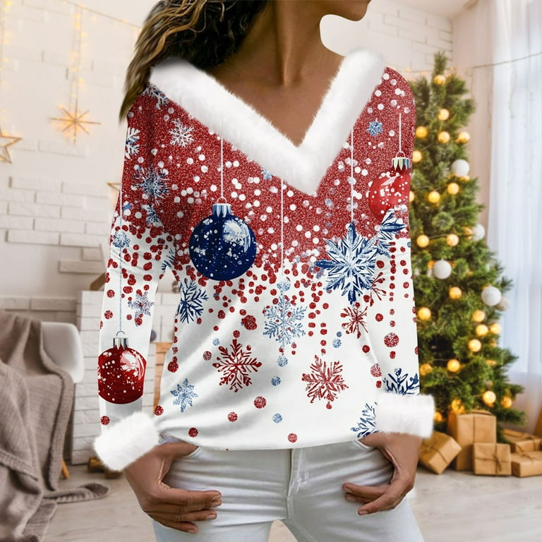 DENGDENG Red Christmas Tops for Women Christmas Tree Snowflake Printed Holiday Faux Fur Shirt Cute Off Shoulder Long Sleeve Sweatshirts Xmas Dressy