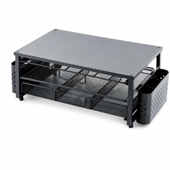 Charcrocsm 2-Tier Coffee Pod Organizer with Drawer, Metal Mesh Desk Storage Rack for Cups and Mugs, Coffee Machine Stand with Side Hanging Baskets, 15.55 x 10.04 x 6.69 Inches