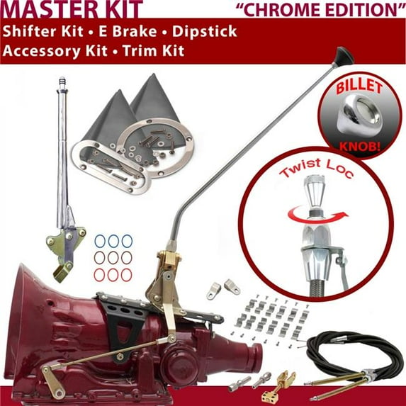 American Shifter 4L60 Shifter Kit Chrome 23 in. E Brake Cable Clamp Clevis Trim Kit Dipstick for F422D