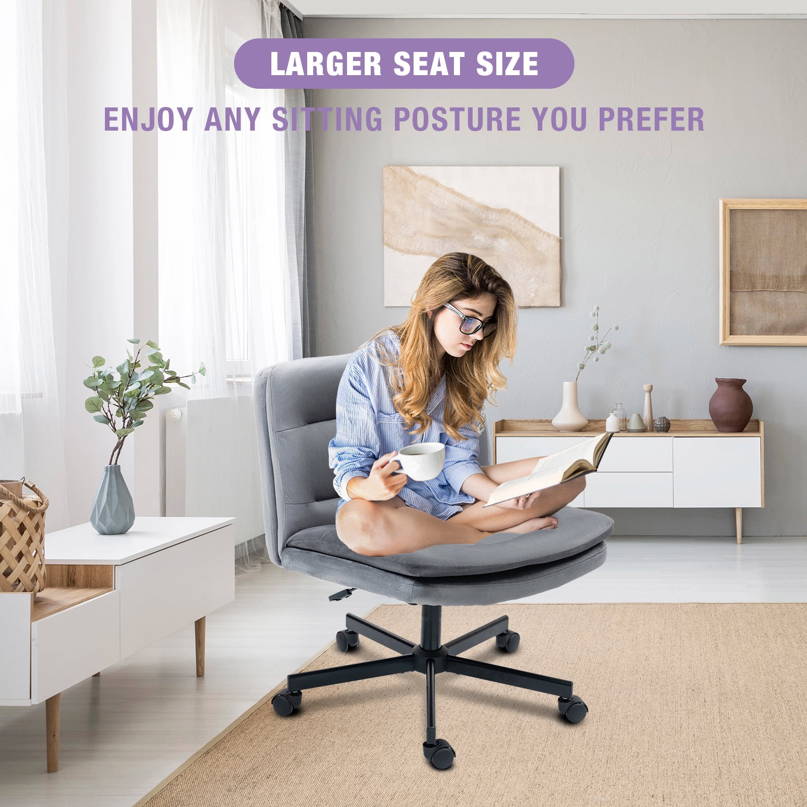 Criss Cross Legged Chair Ergonomic Home Office Desks Chair with Casters, Armless Wide Comfy Vanity Desk Seat Swivel Rolling Computer Chair, Adjustable Height, Rocking Function, Gray