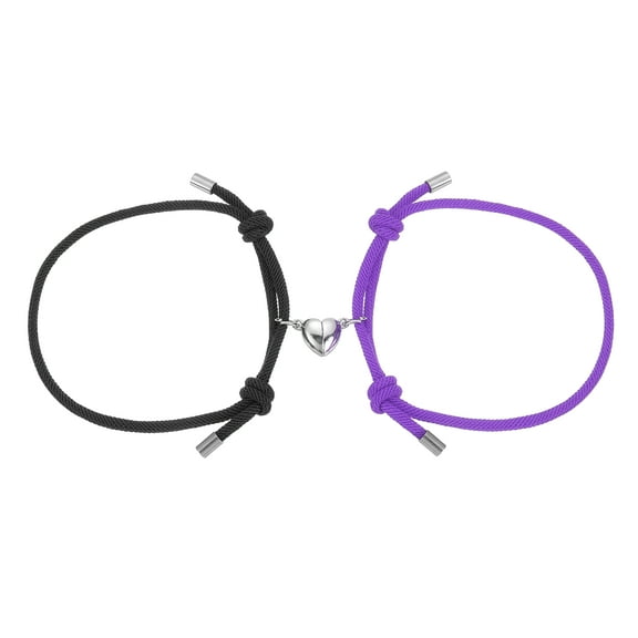 Uxcell Magnetic Couples Bracelets, His and Her Heart Matching Bracelet, Adjustable Braided Rope Cord for Anniversary Friends Women Men Gift, Black/Purple