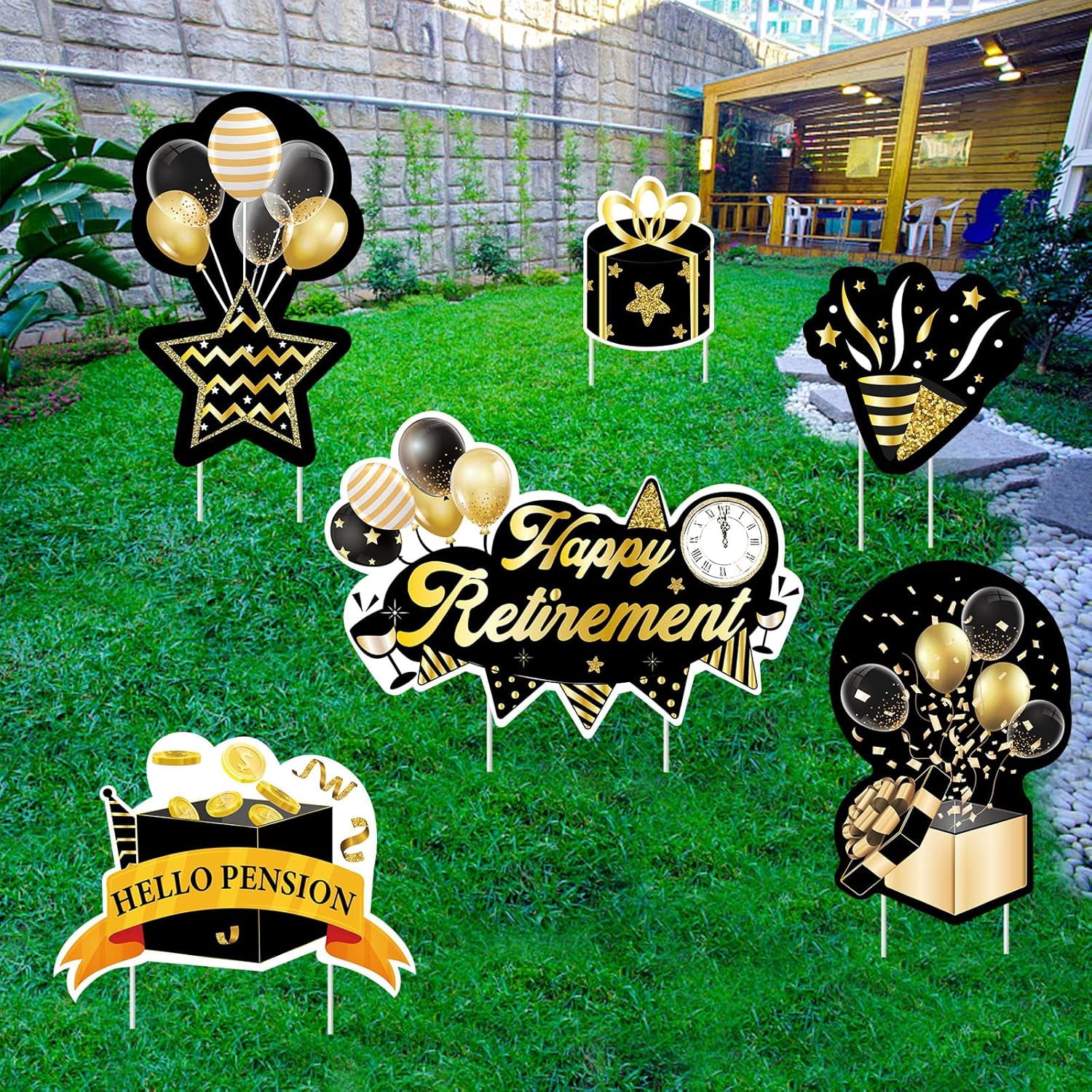 6Pack Happy Retirement Yard Signs Signs Black Gold Retirement Lawn Sign for Retirees Outdoor Retirement Lawn Decorations Sign Retirement Party Decoration Home Garden Lawn Yard Décor