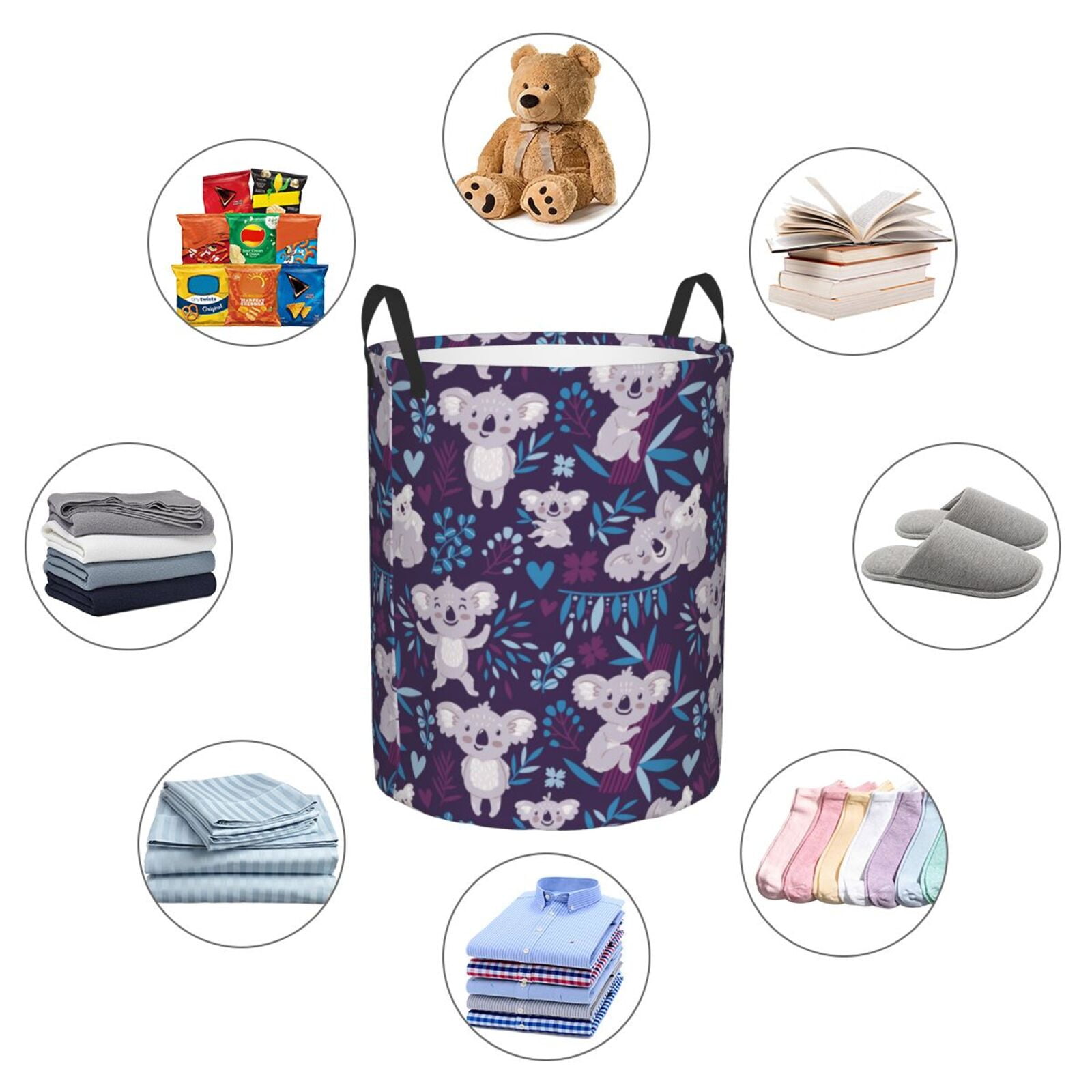 Large Laundry Basket with Handles - Blue Purple Branches Gray Koala Kids Baby Dirty Clothes Laundry Hamper for Bedroom Aesthetic