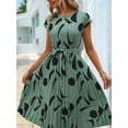 thumbnail image 4 of Floral Dress for Women Wedding Guest Crewneck Short Sleeve Tie Waist Midi Flowy Boho Beach Dresses Green L, 4 of 8