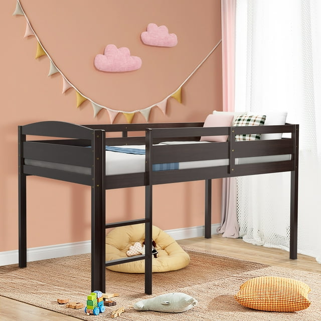 Gymax Twin Size Loft Bed Wooden Slats Support Loft Bed Frame w/ Ladder & Guardrails Espresso
