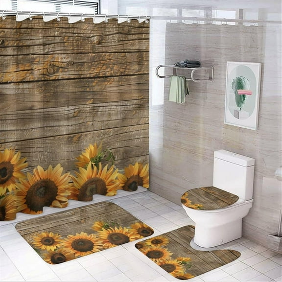 4Pcs Rustic Farmhouse Shower Curtain Set with Rugs, Toilet Lid Cover and Bath Mat, Yellow Sunflower Rustic Floral Bathroom Curtains Decor Shower Curtains, 72" x 72"