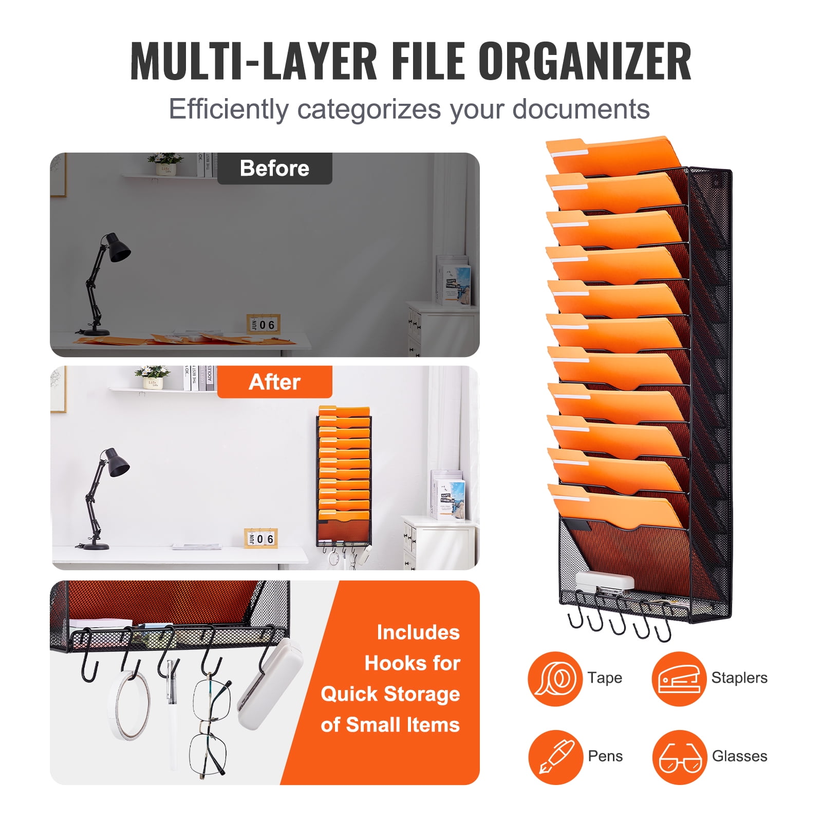 KFFKFFWall File Rack, 12-Slot Single Piece Mesh Wall Organizer, Metal Magazine, Mail, Document & Paper Storage Holder, Wall Attachable with Name Label, Ideal for Office, Home & School Use
