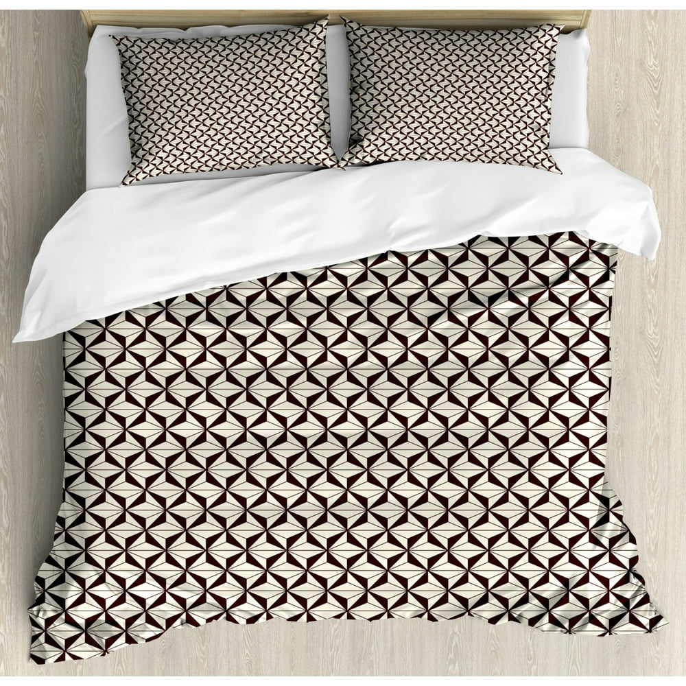 Brown and Beige Duvet Cover Set King Size, Polygonal Pattern with