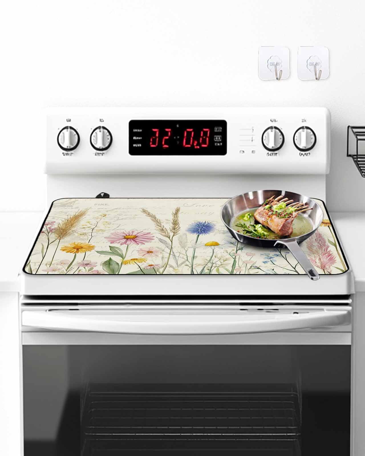 Stove Top Covers for Electric Stove, Spring Floral Glass Stovetop Cover Protector, Summer Flower Botanical Farmhouse Induction Cooktop Protector Oven Mat for Kitchen Countertop 24"x21"