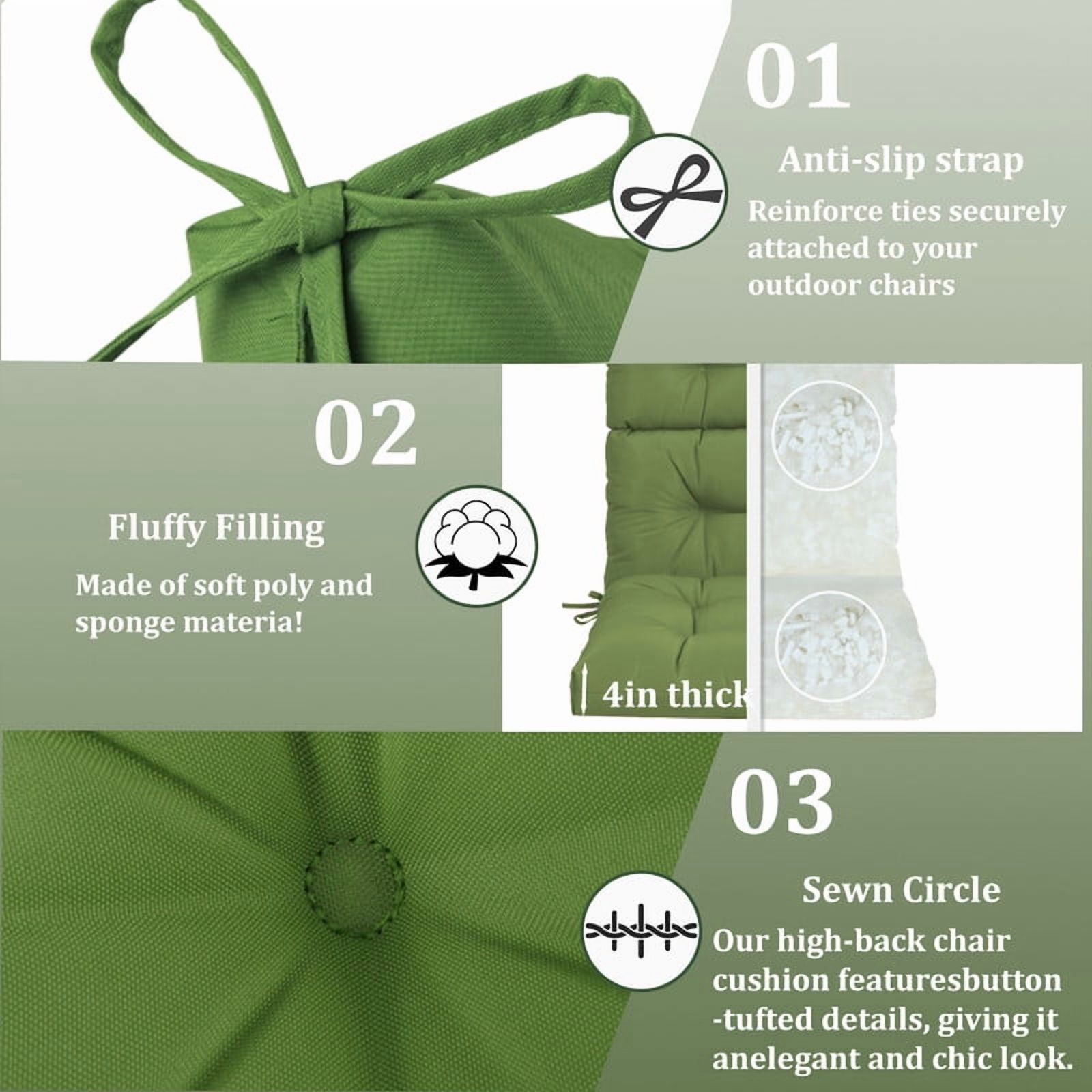 Outdoor High back patio chair cushions, rocking chair cushion set of 2, Waterproof lawn chair cushions with Ties, Seat cushions and Back cushions for Indoor and Outdoor（Green）