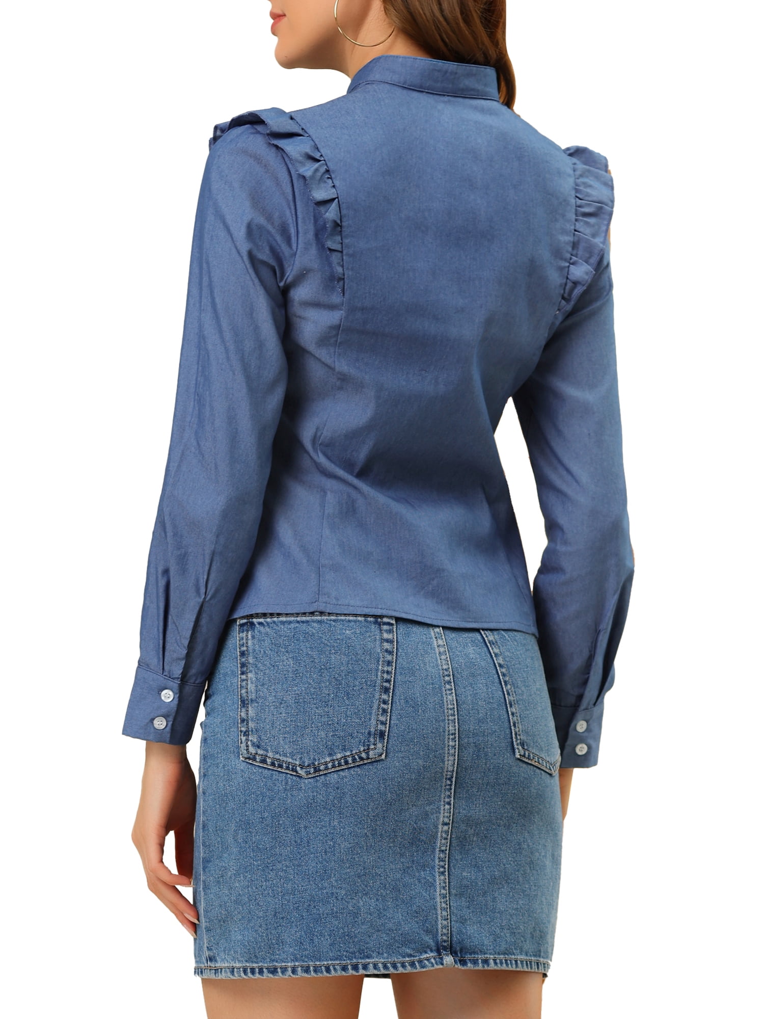 Unique Bargains Women's Denim Long Sleeve Ruffled Trim Shoulder Button Down Shirt