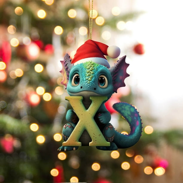 Colgante navideño de dinosaurio con 26 letras, acrílico, plano, para árbol de Navidad, decoración del hogar