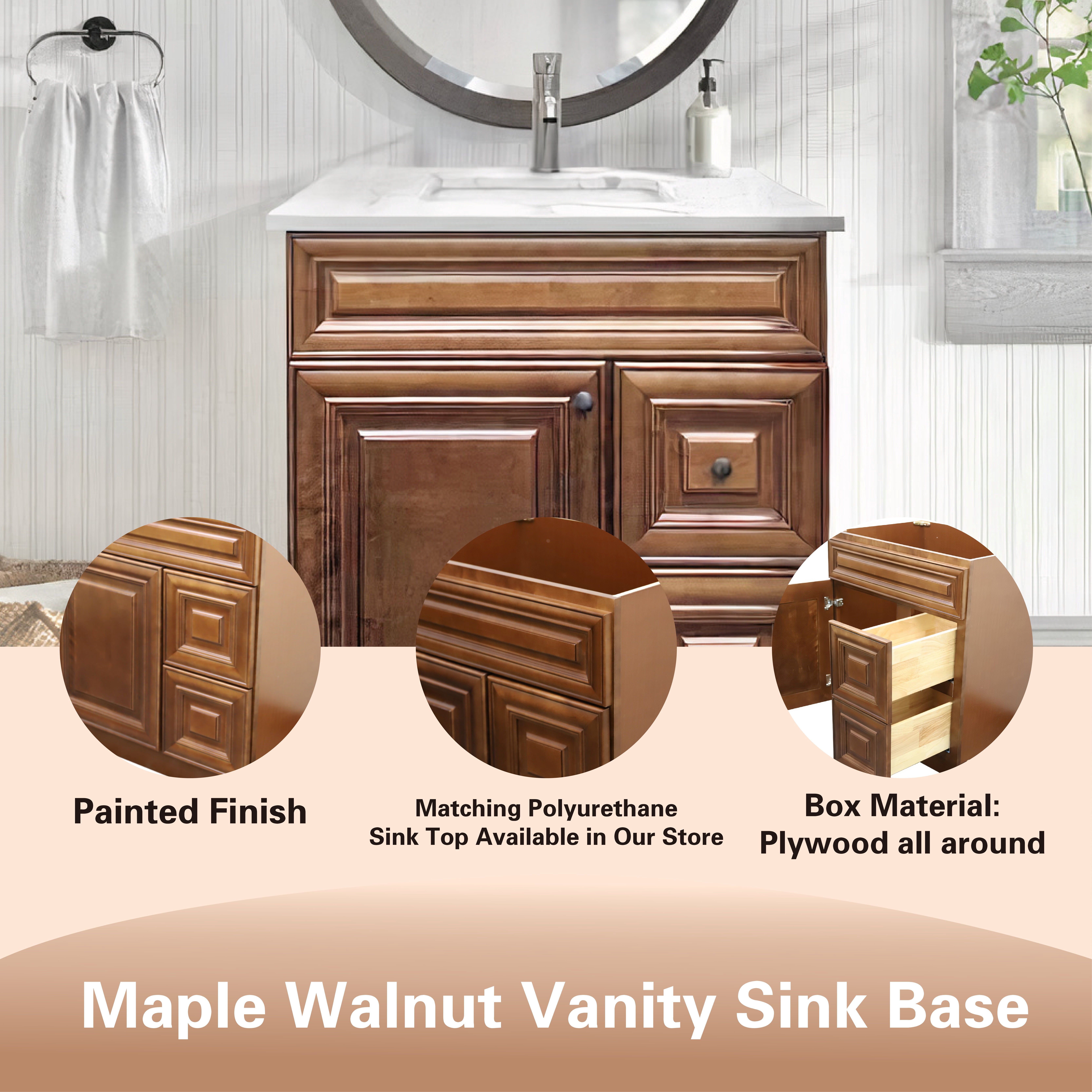 30" Shaker Bathroom Vanity Sink Base with Drawers (Ready-to-Assemble), Maple Walnut Vanity Base