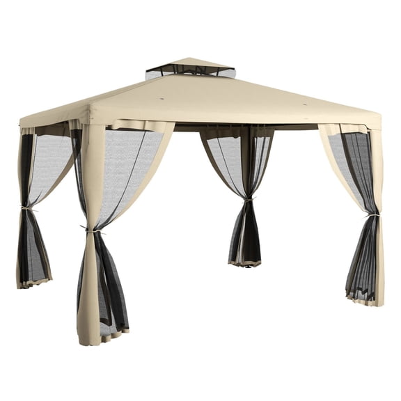 Gazebo 9.6x11.6ft with Sides, 2-Tier Roof, Taupe - Patio Outdoor Canopy for Parties, Mosquito Netting & Drainage