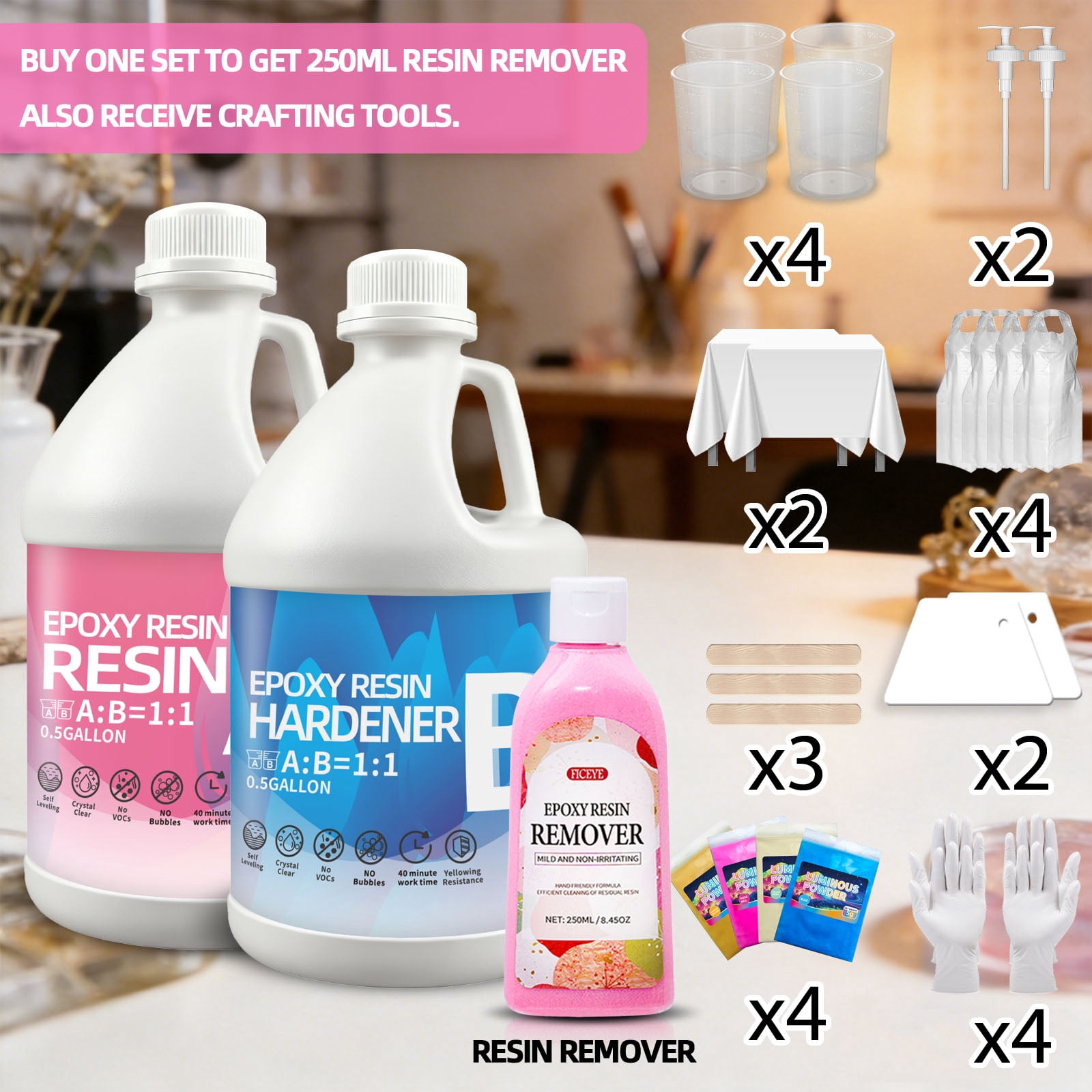 2Gallon Crystal Clear AB Epoxy Resin Kit, With 500g Resin Cleaner & 6 Color Pigments, Bubble-Free, Anti-Yellowing, Self-Leveling, 1:1 Easy Mix Ratio, Ideal For Coating, Casting, Tabletops, Molds, Mu