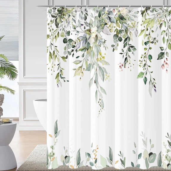 Sage Green Eucalyptus Leaves Shower Curtain, Green and Gold Leaves Spring Botanical Plants Bathroom Curtain Waterproof Fabric Machine Washable with Hooks, 36" Wx72 L