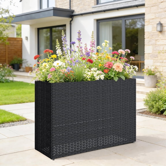 Outsunny Tall Rectangular Planter Box with Removable Liner, Drainage Holes, PE Wicker Large Planter for Indoor Outdoor Plants, Flowers, Black