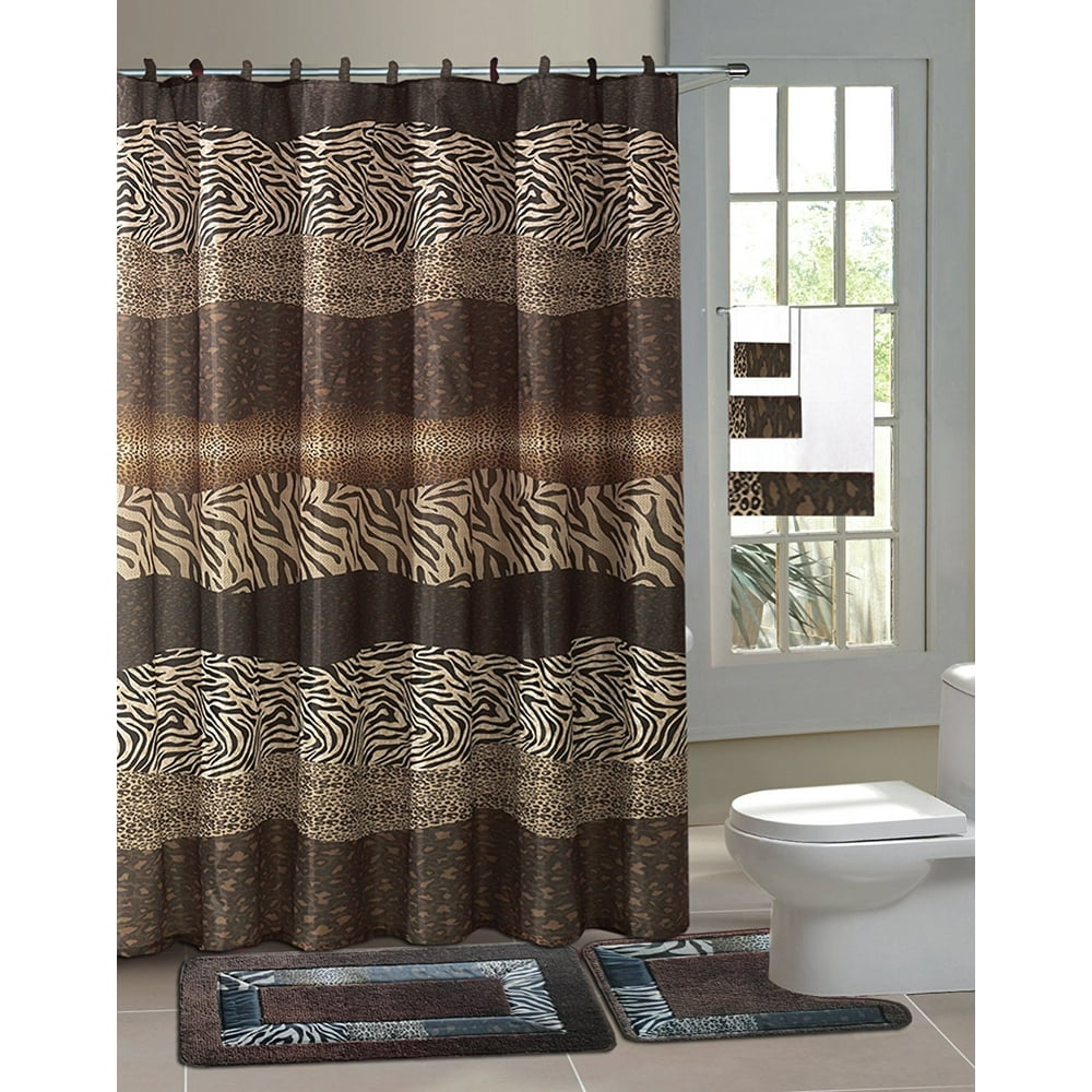 Zambia Brown Safari 15Piece Bathroom Accessory Set 2 Bath Mats, Shower Curtain & 12 Fabric