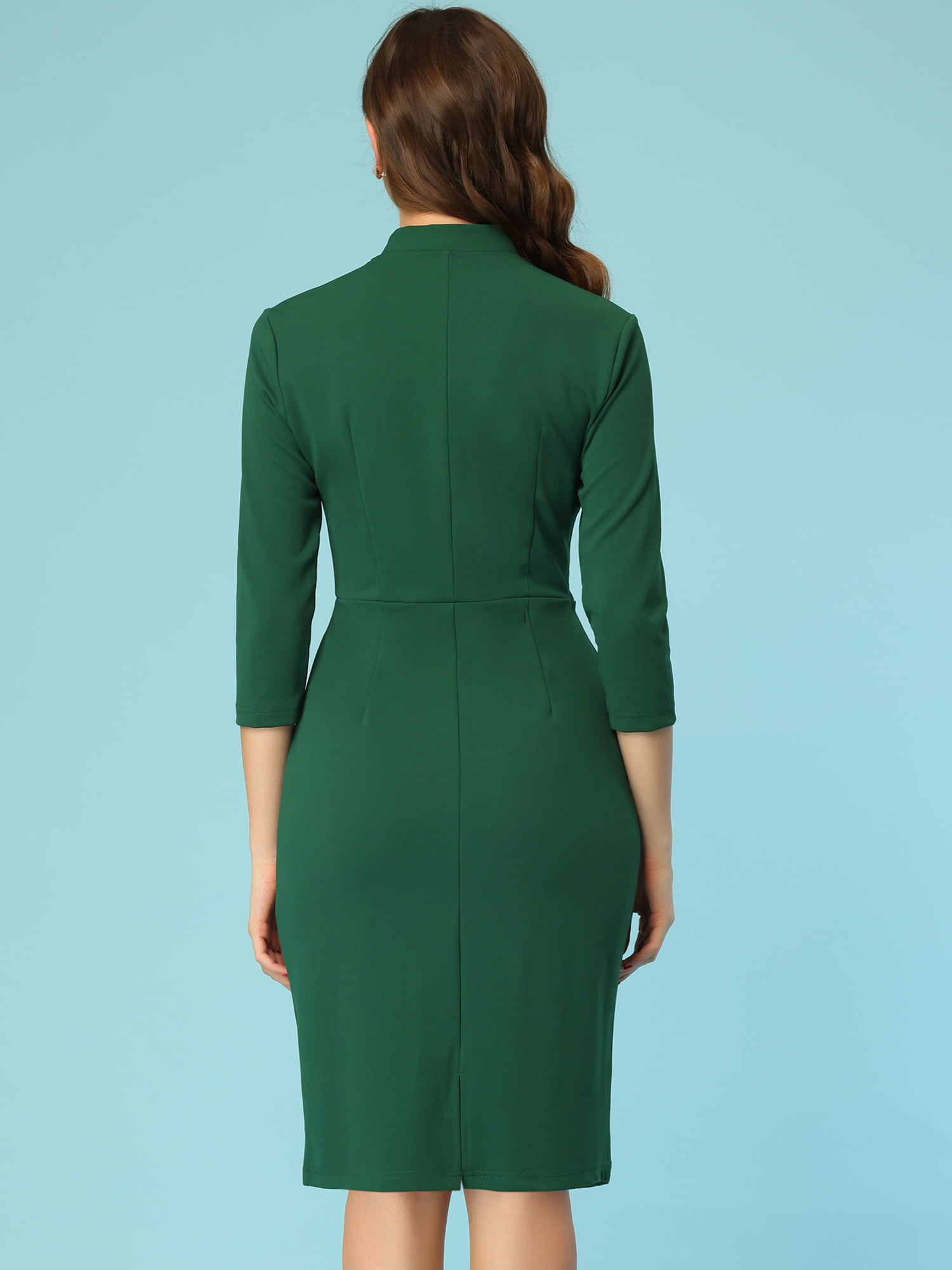 Unique Bargains Women's 3/4 Sleeve Knee Length Midi Work Bodycon Dress XL Dark Green