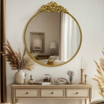 Gold Round Wall Mirror 28" – Vintage Floral Design Accent Mirror for Living Room & Bedroom